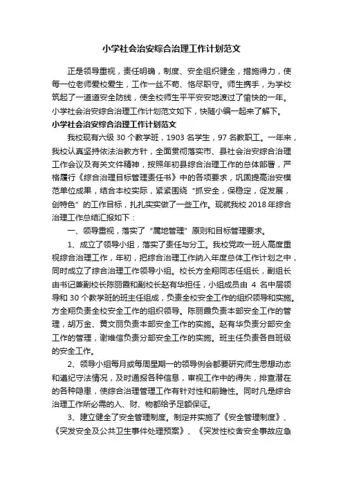 小学社会治安综合治理工作计划范文
