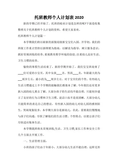  托班教师个人计划表2020
