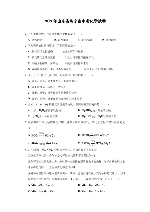  【中考真题】山东省济宁市2019年中考化学真题(解析版)