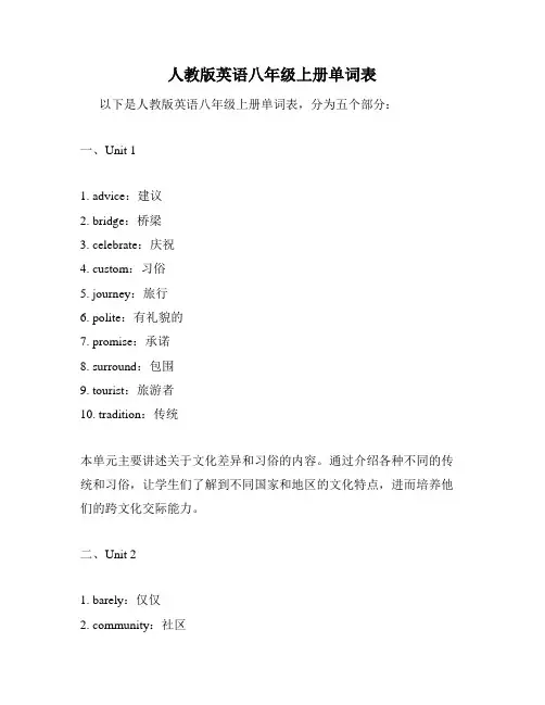 人教版英语八年级上册单词表