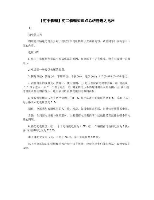 【初中物理】初二物理知识点总结精选之电压