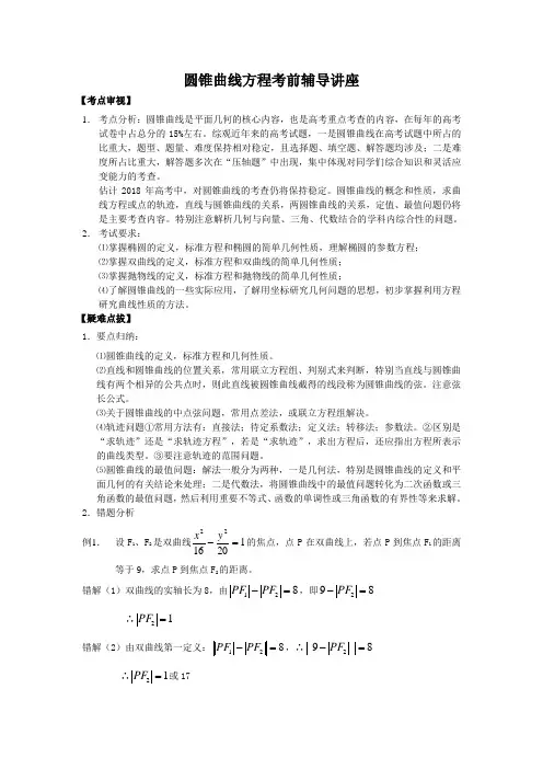 高三数学-2018年高考数学圆锥曲线方程考前辅导讲座 精