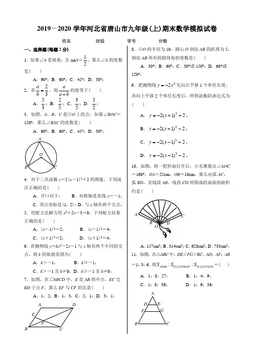 2019-2020学年河北省唐山市九年级(上)期末数学模拟试卷