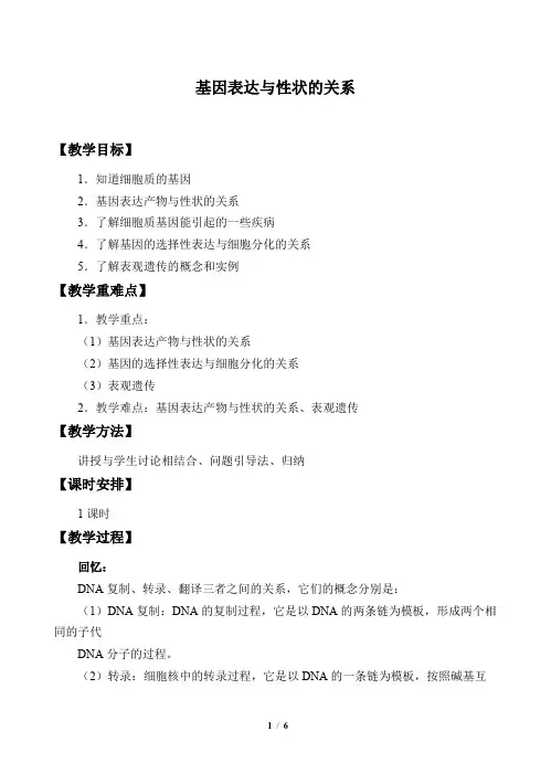 人教版(2019)生物必修2：4.2 基因表达与性状的关系  教案
