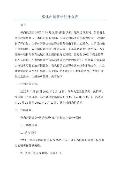 房地产销售计划计划表