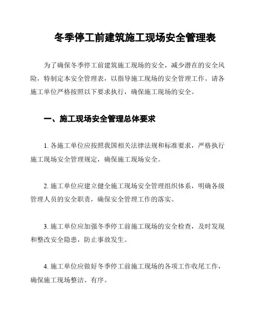 冬季停工前建筑施工现场安全管理表