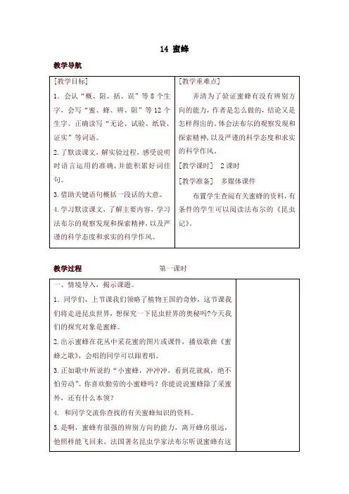 部编版三年级语文下册14 蜜蜂(教案+反思+课时练习及答案)
