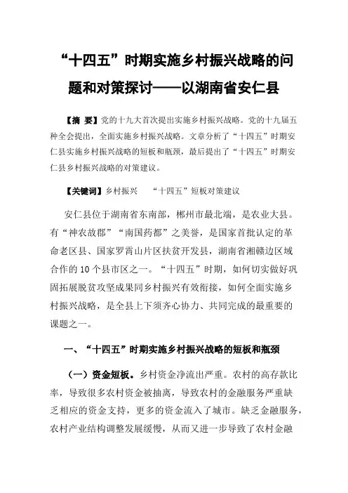 “十四五”时期实施乡村振兴战略的问题和对策探讨——以湖南省安仁县