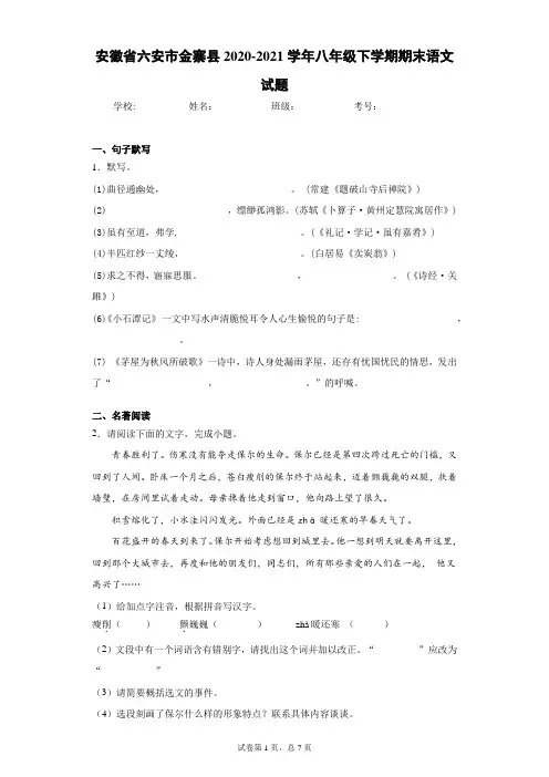 安徽省六安市金寨县2020-2021学年八年级下学期期末语文试题(word版 含答案)