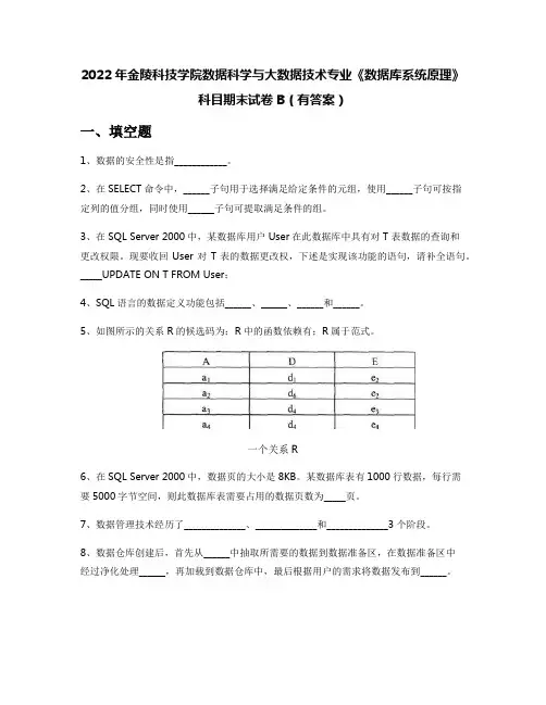 2022年金陵科技学院数据科学与大数据技术专业《数据库系统原理》科目期末试卷B(有答案)