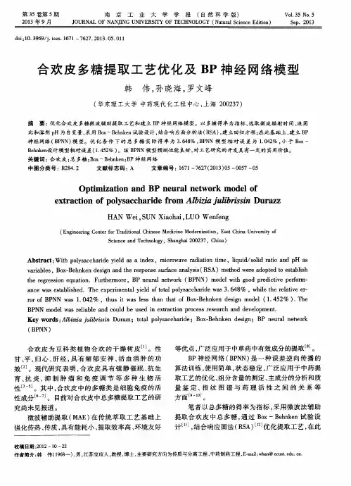 合欢皮多糖提取工艺优化及BP神经网络模型