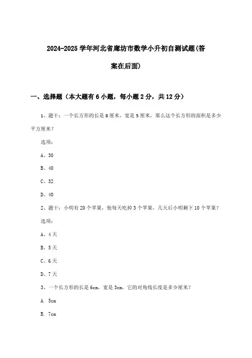 2024-2025学年河北省廊坊市小升初数学试题与参考答案