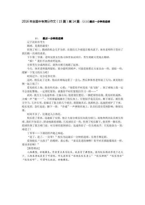 2016年全国中考满分作文(15篇)第14篇：(沈阳)最后一分钟的进球