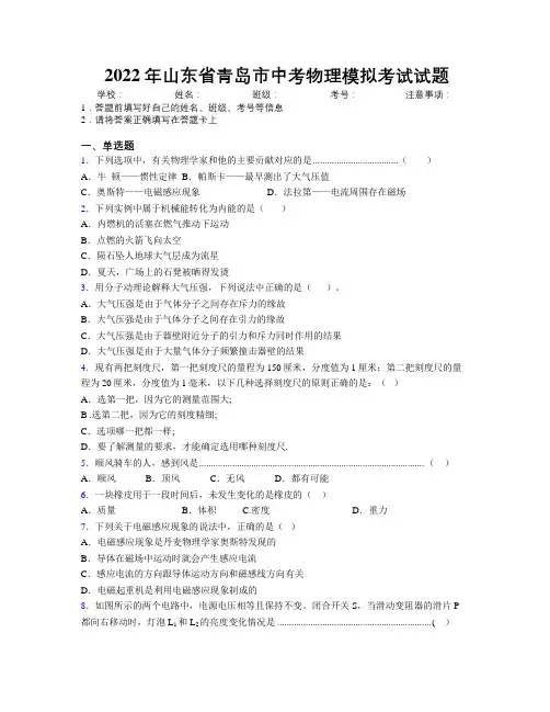 2022年山东省青岛市中考物理模拟考试试题及解析