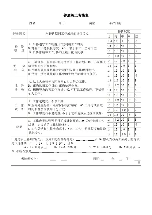 普通员工考核表普通员工考核表