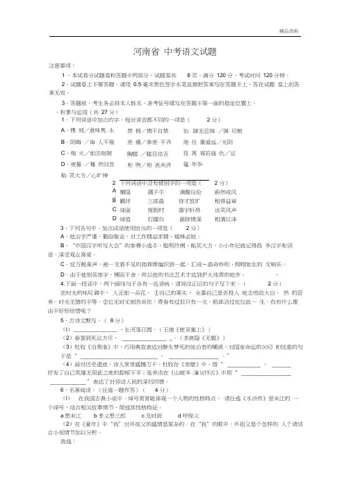河南省2020年中考语文试题(含答案)-2020年河南中考语文试卷