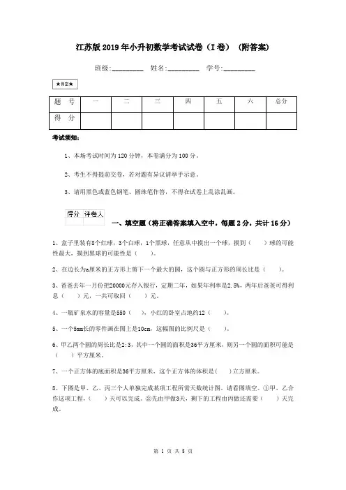 江苏版2019年小升初数学考试试卷(I卷) (附答案)