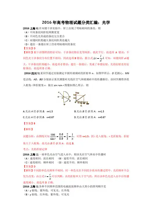 高考物理真题分类汇编选修3-4光学专题 Word版含答案