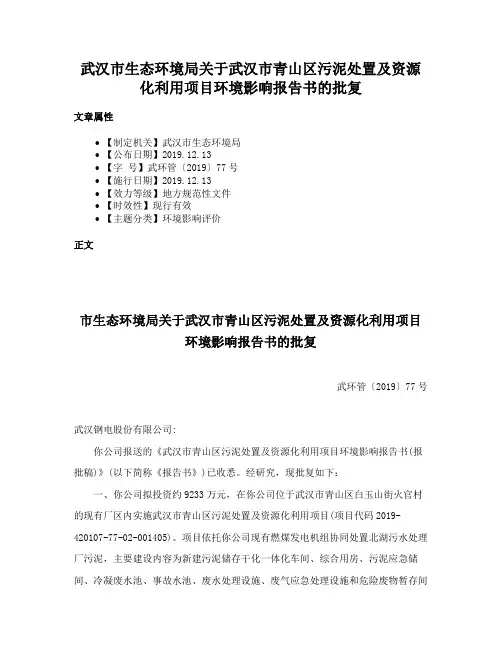 武汉市生态环境局关于武汉市青山区污泥处置及资源化利用项目环境影响报告书的批复