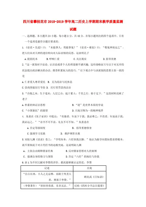 2018_2019学年高二历史上学期期末教学质量监测试题
