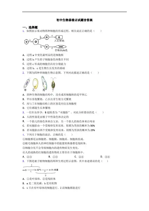 初中生物易错点试题含答案