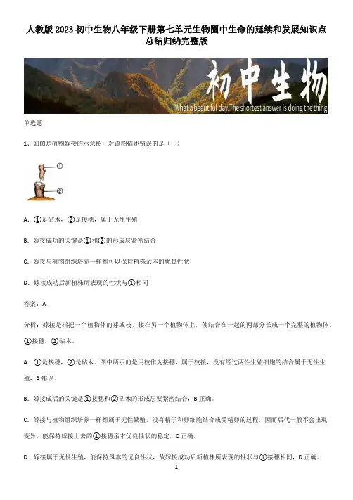 人教版2023初中生物八年级下册第七单元生物圈中生命的延续和发展知识点总结归纳完整版