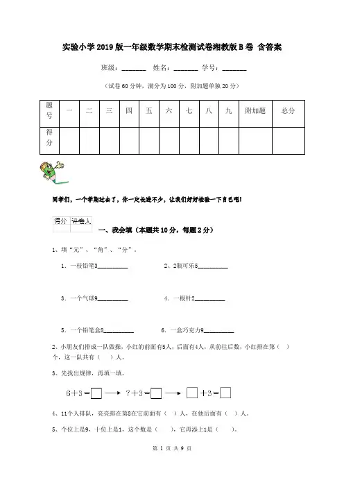 实验小学2019版一年级数学期末检测试卷湘教版B卷 含答案