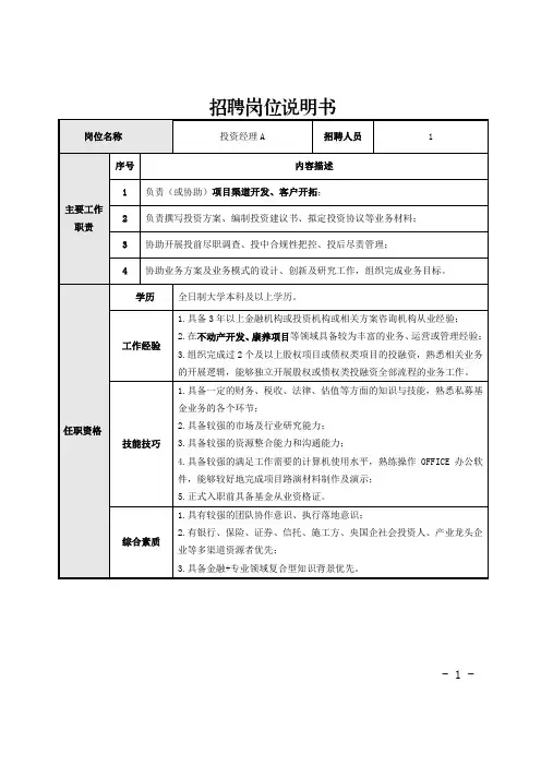 投资经理岗位说明书