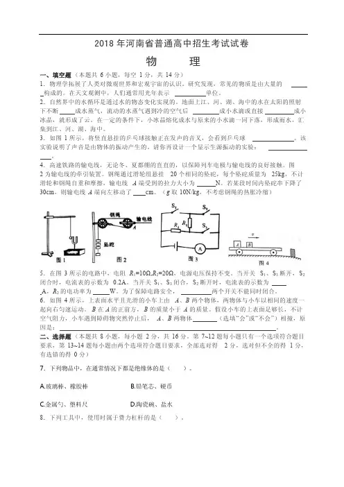 2018年河南省中考物理试题含答案