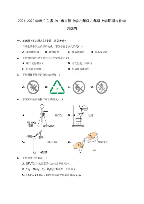 2021-2022学年广东省中山市东区中学九年级九年级上学期期末化学训练卷(含答案详解)