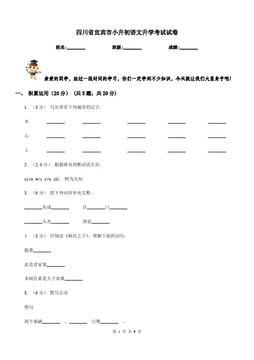 四川省宜宾市小升初语文升学考试试卷