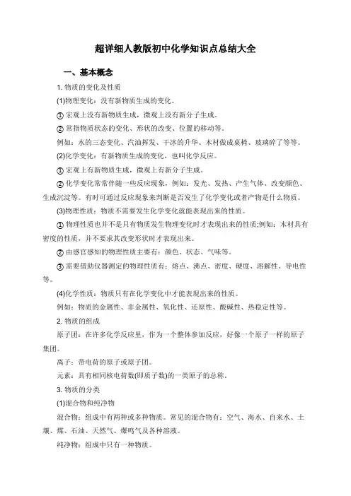 超详细人教版初中化学知识点总结大全