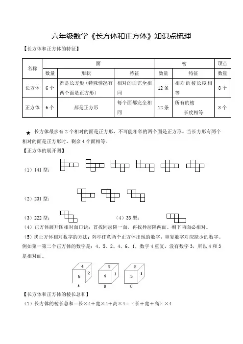 六年级上册数学长方体和正方体知识梳理苏教版