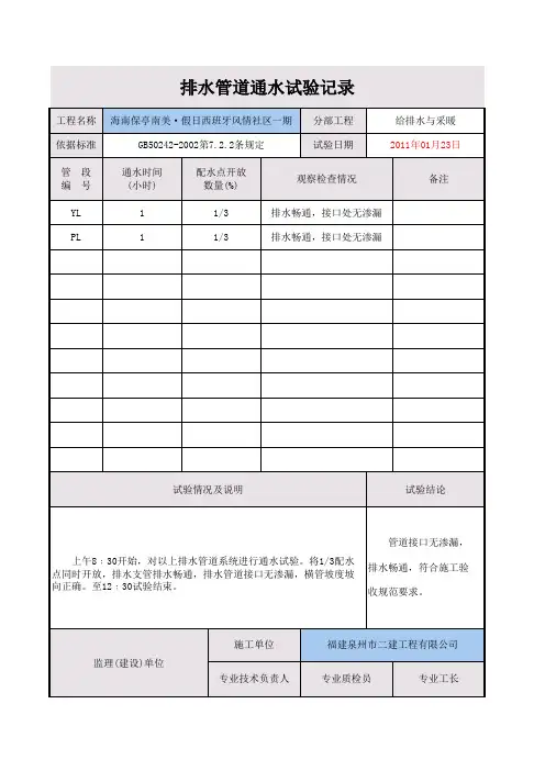 室外排水管通水试验