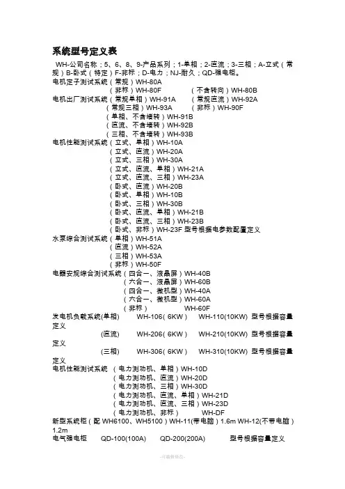 测功机方案型号及参数