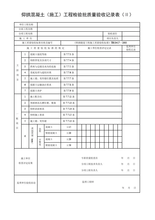 仰拱混凝土(施工)工程检验批质量验收记录表(Ⅱ)
