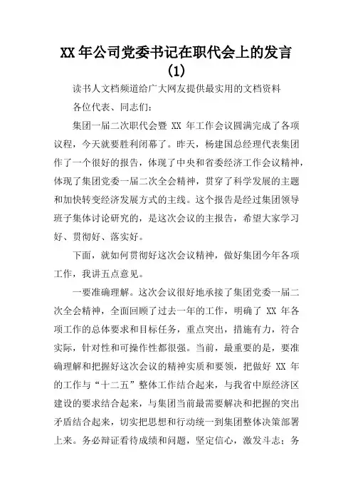 XX年公司党委书记在职代会上的发言(1)