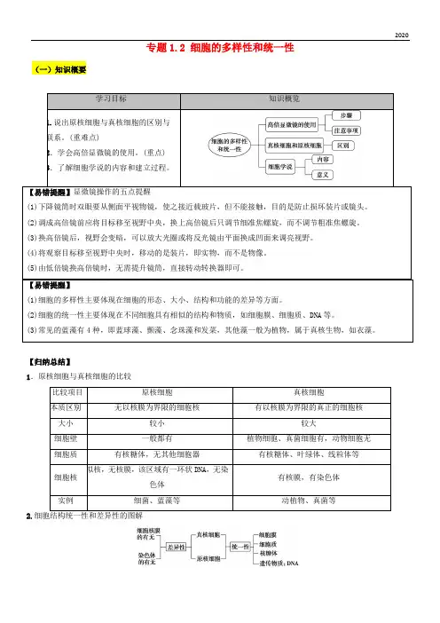 2020高中生物 第01章 走近细胞 专题1.2 细胞的多样性和统一性学案 新人教版必修1