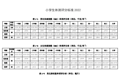 小学生体测评分标准2022