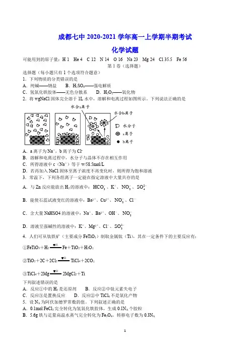 成都七中2020-2021学年高一上学期期中考试 化学试题(含答案)