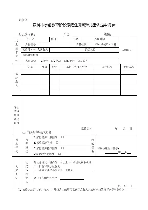 淄博市学前教育阶段家庭经济困难儿童认定申请表