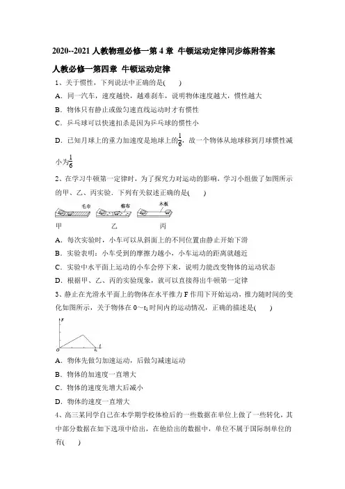 人教版高一物理必修一第4章 牛顿运动定律同步练附答案