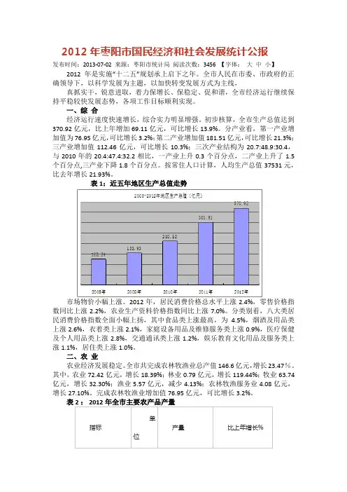枣阳市2012年国民经济和社会发展统计公报