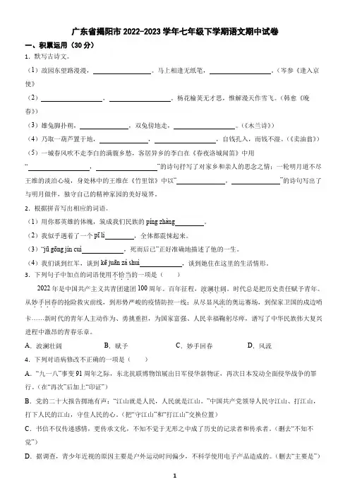 广东省揭阳市2022-2023学年七年级下学期语文期中试卷(含答案)