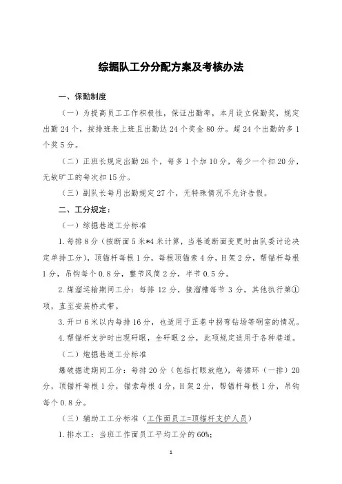 2020年综掘队工分分配方案及考核办法