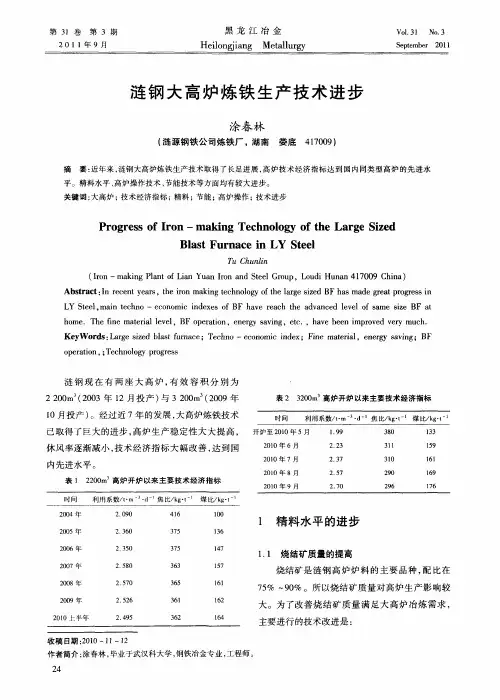 涟钢大高炉炼铁生产技术进步