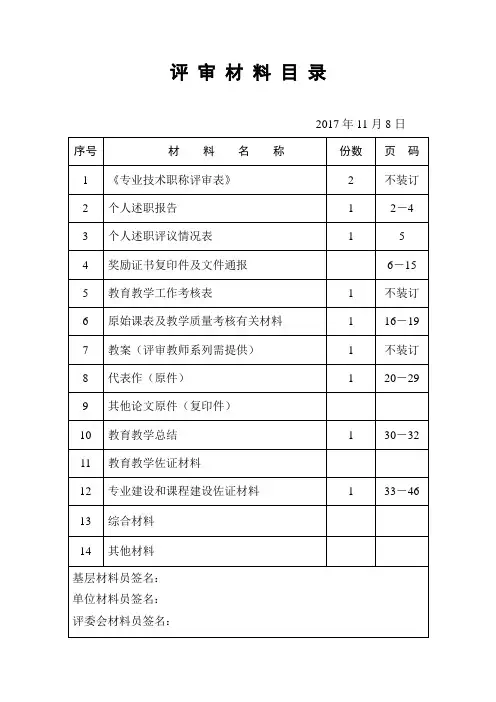 评 审 材 料 目 录