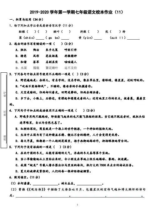 2019-2020学年第一学期七年级语文校本作业(11)
