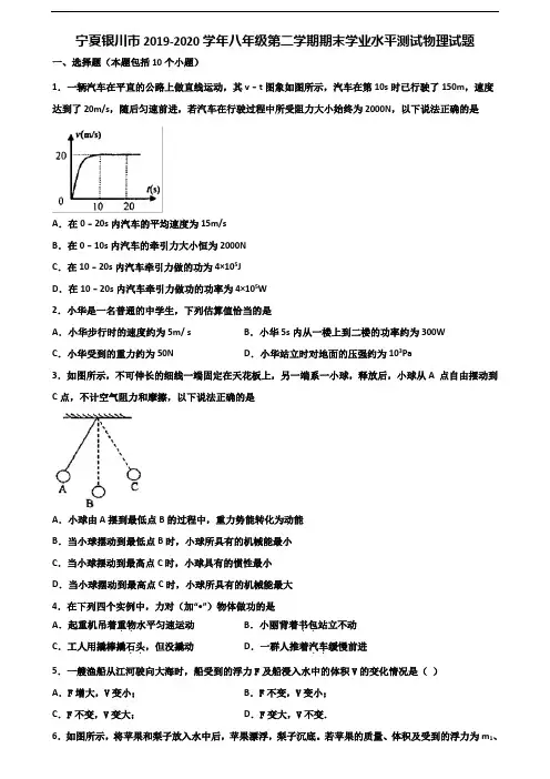 宁夏银川市2019-2020学年八年级第二学期期末学业水平测试物理试题含解析