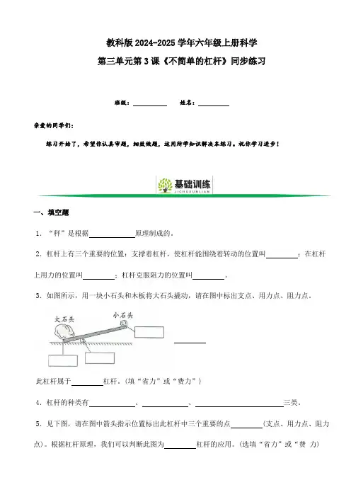 教科版2024-2025学年六年级上册科学第三单元第3课《不简单的杠杆》同步练习